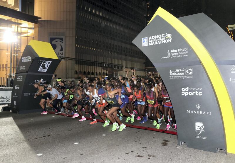 Abu Dhabi, United Arab Emirates - December 06, 2019: The start of the ADNOC Abu Dhabi marathon 2019. Friday, December 6th, 2019. Abu Dhabi. Chris Whiteoak / The National