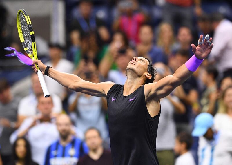 Rafael Nadal of Spain reacts after winning against Diego Schwartzman of Argentina during their Men's Singles Quarter-finals match at the 2019 US Open at the USTA Billie Jean King National Tennis Center in New York on September 4, 2019.  / AFP / Johannes EISELE
