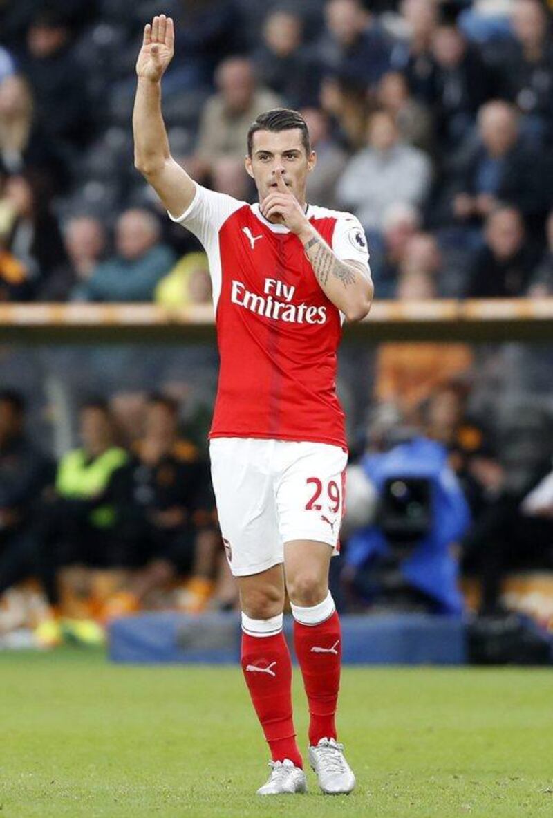 Arsenal’s Granit Xhaka celebrates scoring their fourth goal. Russell Cheyne / Reuters