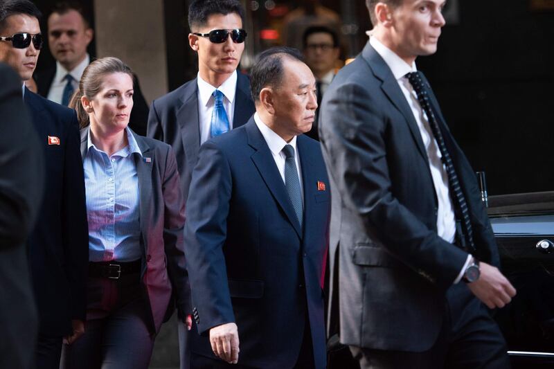 Kim Young Chol, the Vice Chairman of North Korea, leaves the Millennium Hotel on May 30, 2018 in New York.  The North Korean senior official arrived in New York earlier on May 30, 2018 for talks on salvaging a summit meeting between US President Donald Trump and North Korean leader Kim Jong Un.
 / AFP / COREY SIPKIN
