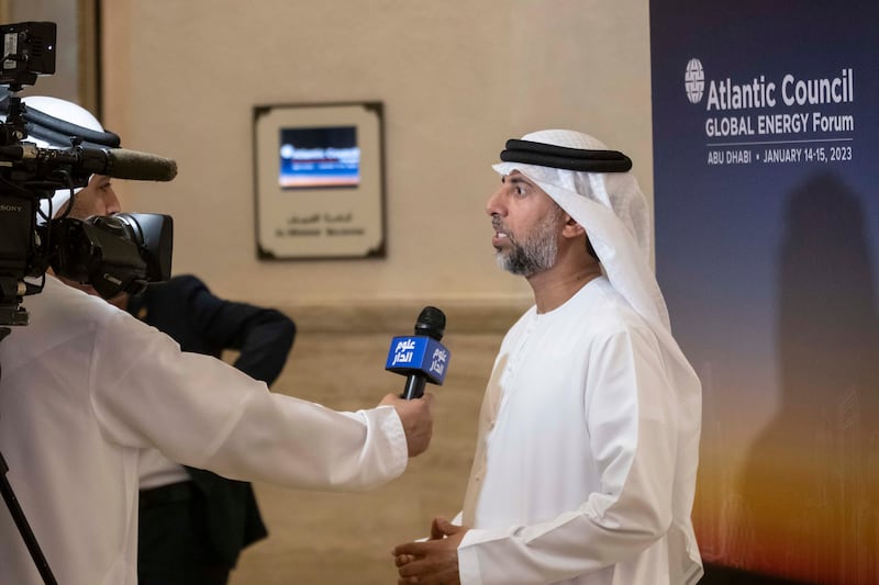 Suhail Al Mazrouei, Minister of Energy and Infrastructure, speaks to media on the sidelines of the event. 


