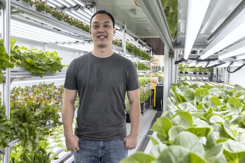 DUBAI, UNITED ARAB EMIRATES. 22 OCTOBER 2019. The Sustainable City in Dubai gets its first Alesca Container Farm that produces fresh produce with minimal water and resources. Stuart Oda, Founder & CEO of Alesca. (Photo: Antonie Robertson/The National) Journalist: None. Section: National.
