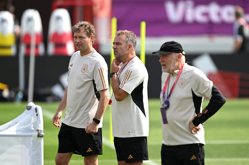 Germany manager Hans-Dieter Flick and assistant coach Marcus Sorg oversee a training session at Al Shamal Stadium. AFP
