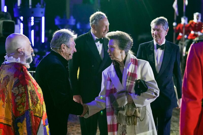 Britain's Princess Anne meets Alan Titchmarsh and Omid Djalili. AP