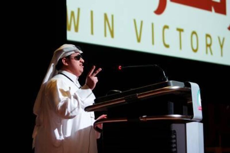 DUBAI, UAE. April 24, 2013 - Ahmed Aleghfeli speaks at the Win Victory Love event at Dubai Men's College, Higher Colleges of Technology, April 24, 2013. (Photo by: Sarah Dea/The National)