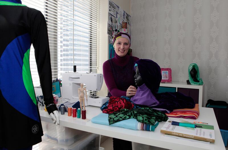 Dubai, United Arab Emirates - April 3, 2013.  Sarah Sillis ( Fashion Designer ) working on Muslim sportswear and also varies her expertise to other fashonable dresses, at her shop.  ( Jeffrey E Biteng / The National )