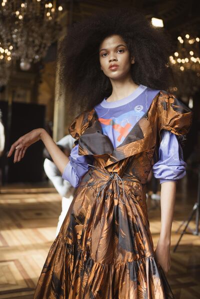 PARIS, FRANCE - FEBRUARY 29: (EDITORIAL USE ONLY.  EDITORS NOTE: Image has been digitally enhanced) A model poses backstage before the Vivienne Westwood Womenswear Fall/Winter 2020/2021 show as part of Paris Fashion Week on February 29, 2020 in Paris, France. (Photo by Francois Durand/Getty Images)