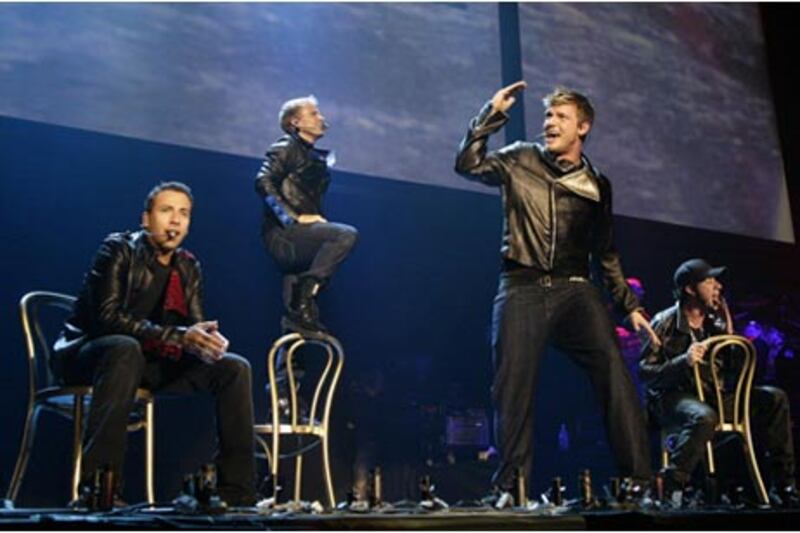 The re-formed and restyled boy band Backstreet Boys - AJ McLean, Brian Littrell, Nick Carter and Howie Dorough - perform at the O2 Arena in Greenwich, London.