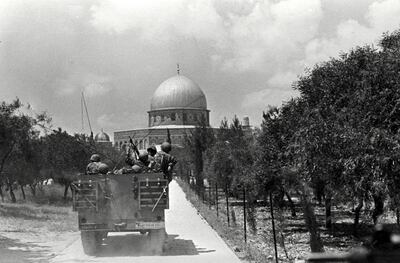 An Israeli military vehicle drives towards the Dome of the Rock in Al Aqsa Mosque's compound in June 1967. AFP