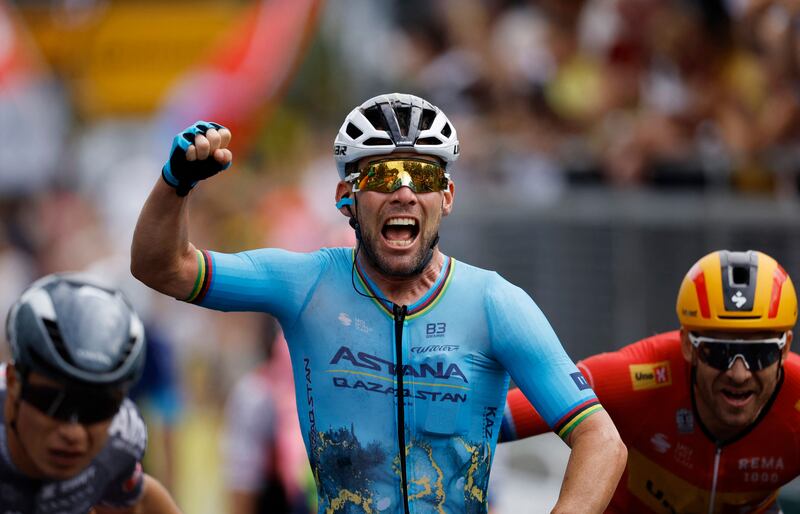 Astana Qazaqstan Team's Mark Cavendish crosses the finish line to win Stage 5 and set a new Tour de France stage wins record. Reuters