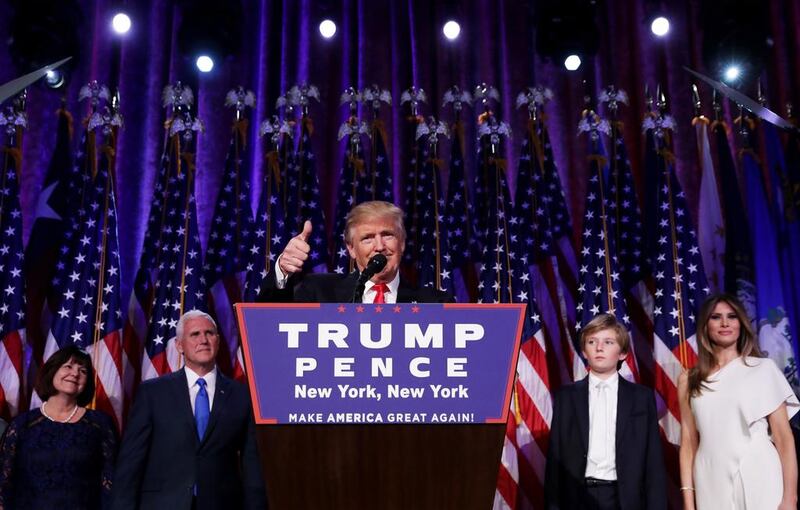 Republican president-elect Donald Trump delivers his acceptance speech during his election night event at the New York Hilton Midtown in the early morning hours in New York City. Donald Trump defeated Democratic presidential nominee Hillary Clinton to become the 45th president of the United States. Chip Somodevilla / Getty Images / AFP