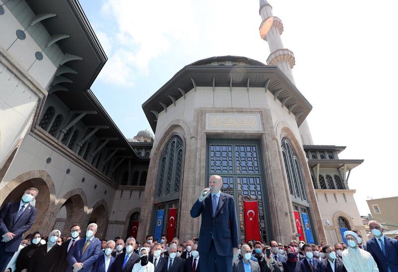 Turkish president Recep Tayyip Erdogan speaks during the opening ceremony of Taksim Mosque at the Taksim square in Istanbul. EPA