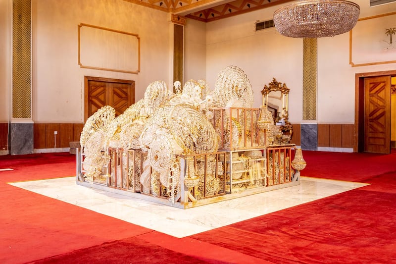 'To Dust', a collection of chandeliers as part of The Red Palace exhibition. Image courtesy of Athr and the artist