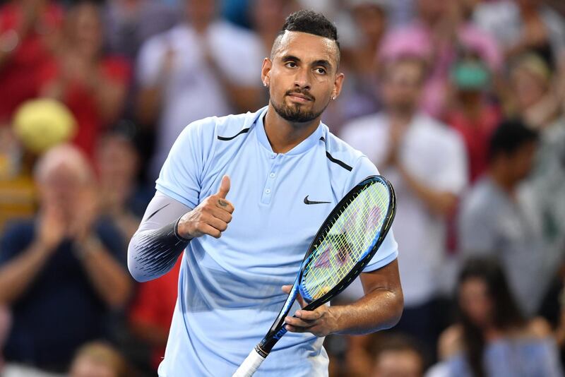 epa06422327 Nick Kyrgios of Australia reacts after defeating Ryan Harrison of USA in the Men's final at the Brisbane International Tennis Tournament in Brisbane, Australia, 07 January 2018.  EPA/DARREN ENGLAND EDITORIAL USE ONLY AUSTRALIA AND NEW ZEALAND OUT