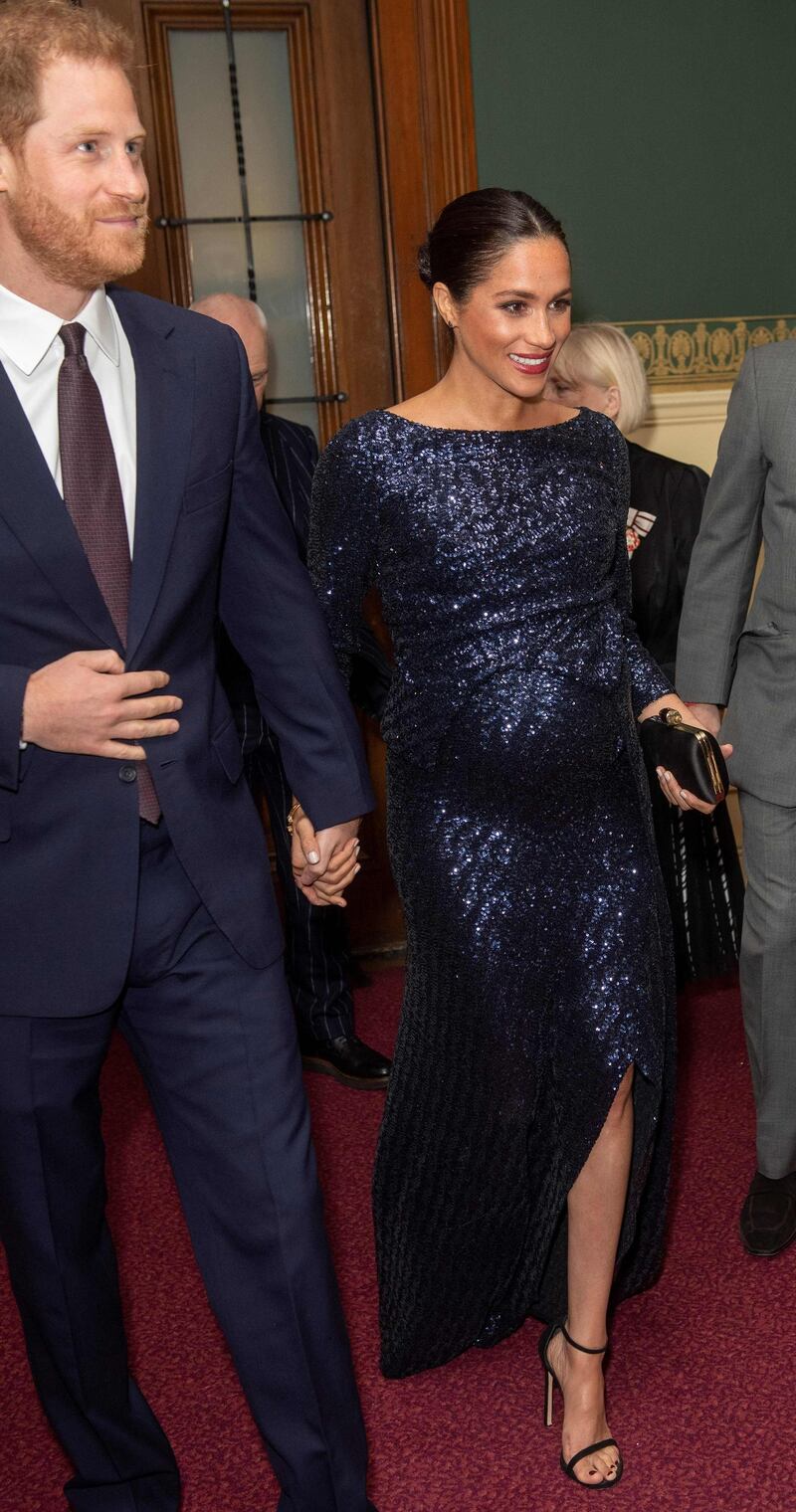Meghan, Duchess of Sussex, wears a Roland Mouret gown and Stuart Weitzman heels to the premiere of Cirque du Soleil's 'Totem' at the Royal Albert Hall in London on January 16, 2019.  AFP