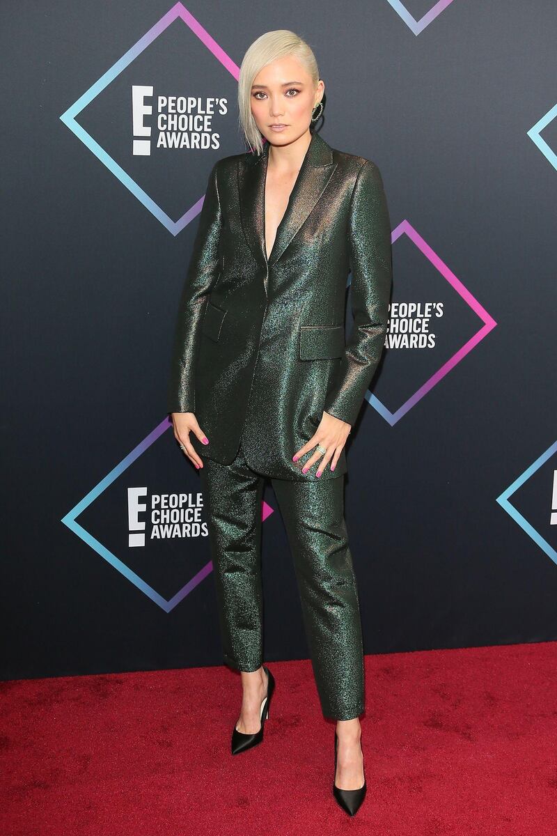 Canadian actress Pom Klementieff wears a longline-jacket Akris pantsuit. Photo / AFP