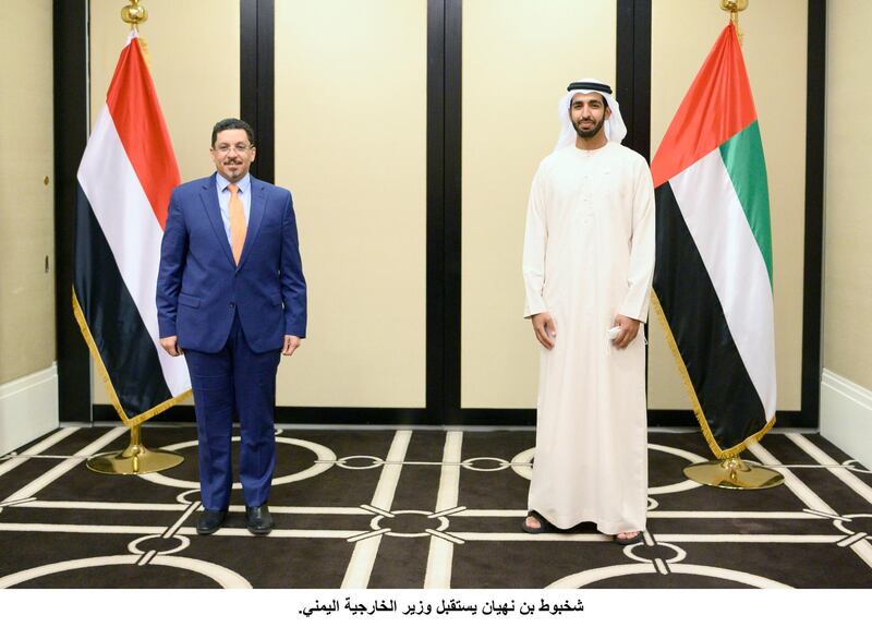 Sheikh Shakhbout bin Nahyan (right), who was appointed as Minister of State earlier this month, received Dr Ahmed Awad bin Mubarak, Minister of Foreign Affairs and Expatriate Affairs, in Abu Dhabi. Wam