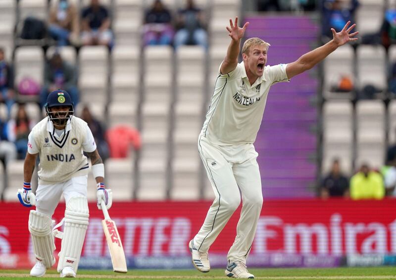 New Zealand's Kyle Jamieson successfuly appeals for the wicket of Virat Kohli. PA