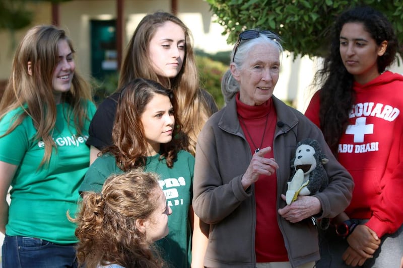 Jane Goodall, centre, interacts with pupils and Roots & Shoots volunteers on her visit to Abu Dhabi in January. Courtesy Valerie Cox 