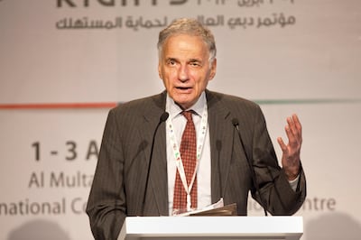 Dubai, United Arab Emirates, Apr 01, 2013 - Ralph Nader US consumer rights activist and former US presidential candidate speaking at the Dubai World Conference on Consumer Rights at Dubai World Trade Centre. ( Jaime Puebla / The National Newspaper ) 