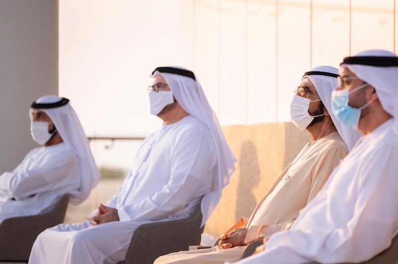 Sheikh Mohammed bin Rashid, Vice President and Ruler of Dubai, attends an outdoor graduation ceremony in Dubai. Pictured with Mohammed Al Gergawi, Minister of Cabinet Affairs. Courtesy: Dubai Media Office