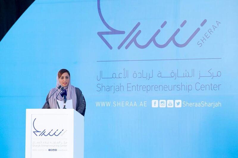 Sheikha Bodour bint Sultan Al Qasimi, chairperson of Sharjah Investment & Development Authority, speaks during the launch of the Sharjah Entrepreneurship Center on Sunday, which she also heads. Courtesy Sharjah Entrepreneurship Center