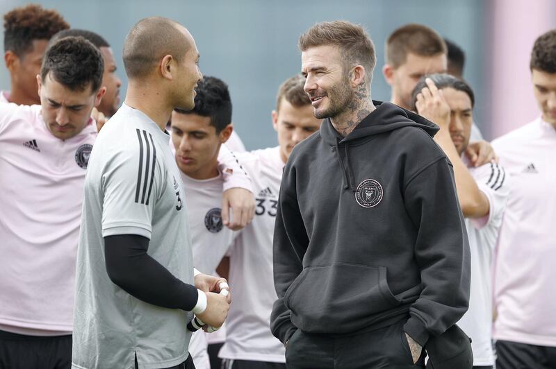 FORT LAUDERDALE, FLORIDA - FEBRUARY 25: Owner and President of Soccer Operations David Beckham talks with goalie Luis Robles #31 after he was named club captain, during media availability at Inter Miami CF Stadium on February 25, 2020 in Fort Lauderdale, Florida.   Michael Reaves/Getty Images/AFP