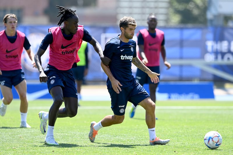 Trevoh Chalobah and Christian Pulisic of Chelsea during a training session at Drake Stadium UCLA Campus in Los Angeles, California. All photos by Getty