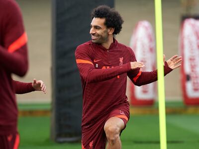 Mohamed Salah takes part in training as Liverpool prepare to face Manchester United. Liverpool FC via Getty Images
