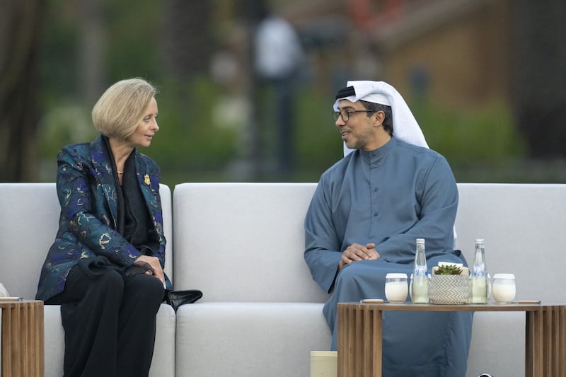 Sheikh Mansour in conversation with Martina Strong, US ambassador to the UAE