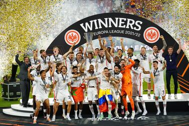 Eintracht Frankfurt players celebrate following the UEFA Europa League Final at the Estadio Ramon Sanchez-Pizjuan, Seville. Picture date: Wednesday May 18, 2022.