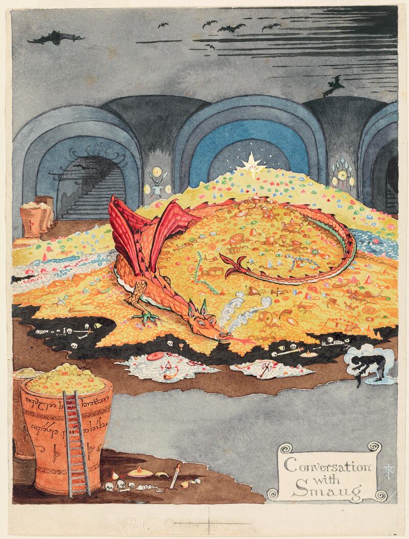 Conversation with Smaug, a watercolour painted by Tolkien in 1937 as an illustration for the first American edition of The Hobbit. In this image, Bilbo Baggins, rendered invisible by a magic ring, converses with the fire-breathing dragon, Smaug