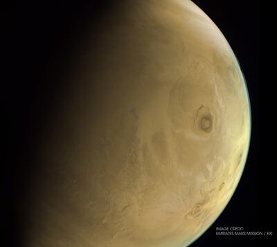 An image of the solar system's largest volcano, Olympus Mons, captured by the UAE Hope probe. Photo: Emirates Mars Mission