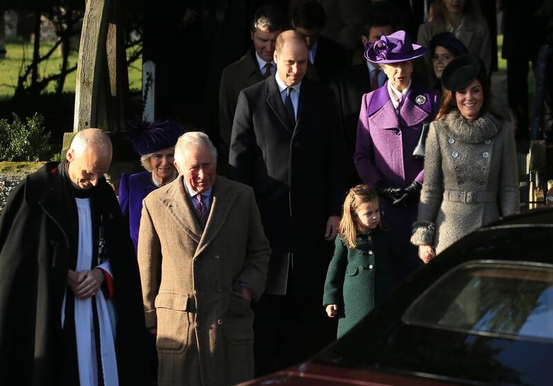 From right, Britain's Catherine, Duchess of Cambridge and her daughter Princess Charlotte, Britain's Anne, Princess Royal, Prince William, Duke of Cambridge, Britain's Prince Charles, Prince of Wales and Camilla, Duchess of Cornwall after attending a Christmas day service at the St Mary Magdalene Church. AP