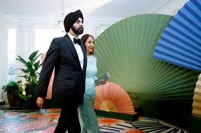 World Bank President Ajay Banga and his wife Ritu Banga arrive at a state dinner in Washington ahead of the 2024 Spring Meetings. Bloomberg