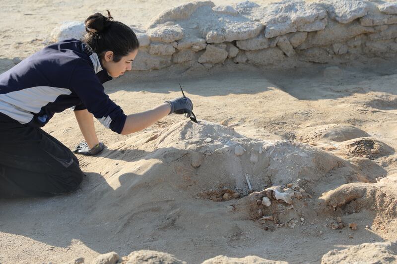 Experts examine the site of a mass burial in the monastery area of the site. 