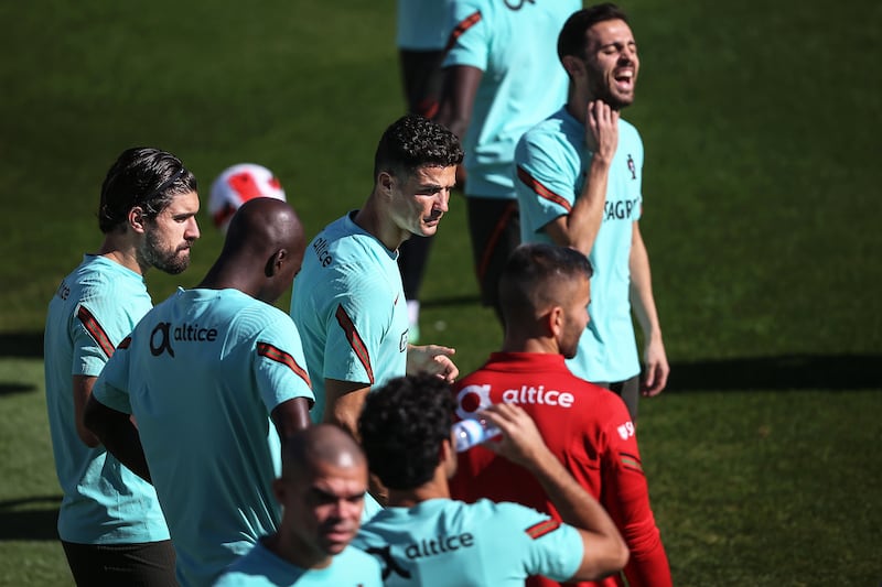 Portugal's Cristiano Ronaldo alongside teammates at training. EPA