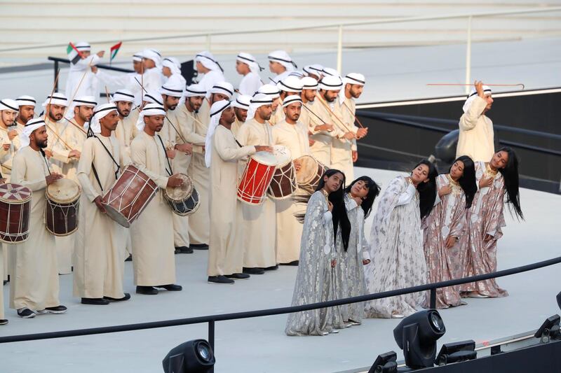 ABU DHABI, UNITED ARAB EMIRATES. 14 MARCH 2019. Emirati Traditional dances and songs as part of the opening Ceremony of the Special Olympics at Zayed Sports City. (Photo: Antonie Robertson/The National) Journalist: None: National.