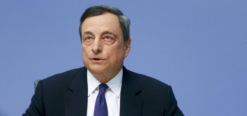 European Central Bank president Mario Draghi was speaking at a news conference in Frankfurt, April 15, 2015. The European Central Bank expects to fully implement its 1 trillion euro government bond buying programme due to run until September 2016, Mr Draghi said on Wednesday. Ralph Orlowski / Reuters