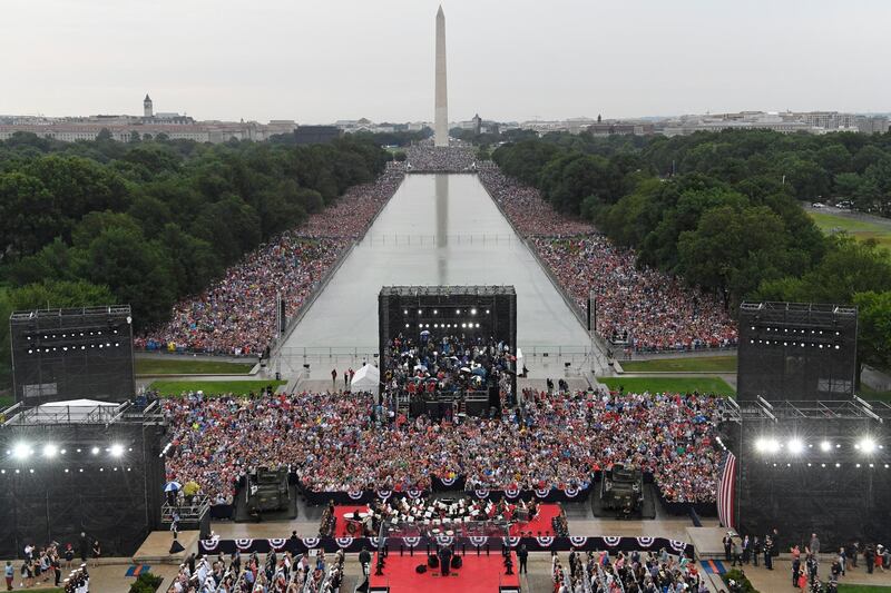 President Donald Trump speaks during an Independence Day celebration in front of the Lincoln Memorial in Washington, Thursday, July 4, 2019. The Washington Monument and the reflecting pool are in the background (AP Photo/Susan Walsh, Pool).