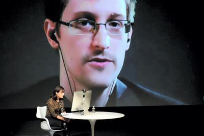 NEW YORK, NY - OCTOBER 11: General view of atmosphere at the Edward Snowden Interviewed by Jane Mayer at the MasterCard stage at SVA Theatre during The New Yorker Festival 2014 on October 11, 2014 in New York City.   Bryan Bedder/Getty Images for The New Yorker/AFP