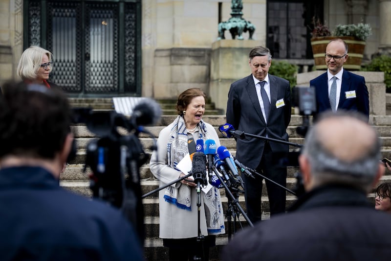 Germany's director general of legal affairs Tania von Uslar-Gleichen, who is representing the country in the case, speaks outside the court. EPA