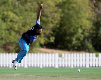 Dubai, United Arab Emirates - Reporter: N/A. Sport. Cricket. ECB Blues' Kashif Daud bowls during the match between the ECB Blues and Dubai in the Emirates D10. Friday, July 24th, 2020. Dubai. Chris Whiteoak / The National