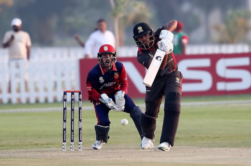 ABU DHABI , UNITED ARAB EMIRATES , October 22  – 2019 :- Darius D'Silva of UAE playing a shot  during the World Cup T20 Qualifiers between UAE vs Jersey held at Tolerance Oval cricket ground in Abu Dhabi.  ( Pawan Singh / The National )  For Sports. Story by Paul