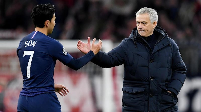 Tottenham Hotspur manager Jose Mourinho with Son Heung-min after the defeat to Bayern Munich. Reuters