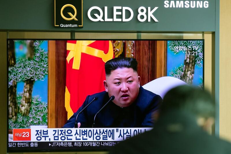 A screen displays a broadcast of a news report featuring North Korean leader Kim Jong Un at Seoul Station in Seoul, South Korea, on Tuesday, April 21, 2020. The US is seeking details about Kim's health after receiving information that the North Korean leader was in critical condition after undergoing cardiovascular surgery last week, a US. official said. Bloomberg