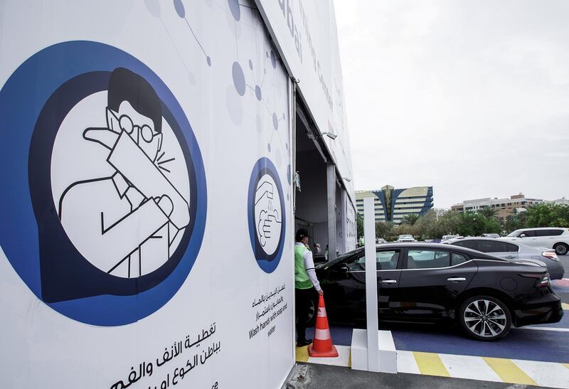 Dubai, United Arab Emirates, April 12, 2020.  Cars line up at the National Screening Center, Mina Rashed, Dubai.
Victor Besa / The National
Section:  NA
Reporter:  Nick Webster