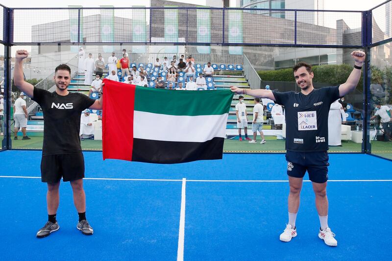 Javier Lopez, left, and Sergio Icardo sealed the first win of the inaugural Dubai Padel Cup. Photo: Dubai Padel Cup