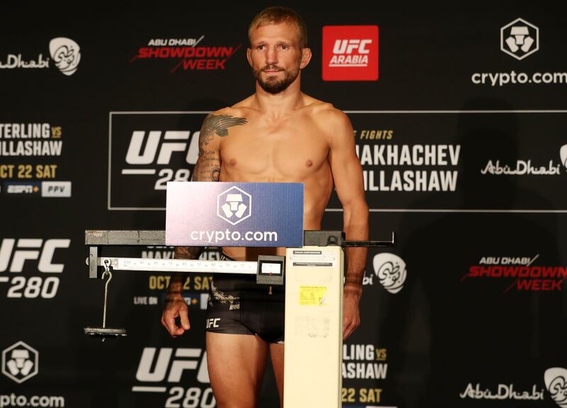TJ Dillashaw weighed in at 135lbs for his title fight against Aljamain Sterling in Abu Dhabi. Chris Whiteoak / The National