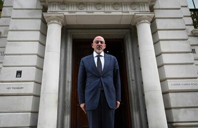 Nadhim Zahawi poses for a photograph as he arrives at the HM Treasury in central London after he was appointed Chancellor of the Exchequer in July 2022. AFP